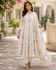 Heavy premium chicken shifli cotton fabric Kurti with hand printed kurti and Pant and mulmul Dupatta -In very fine Quality Cotton
