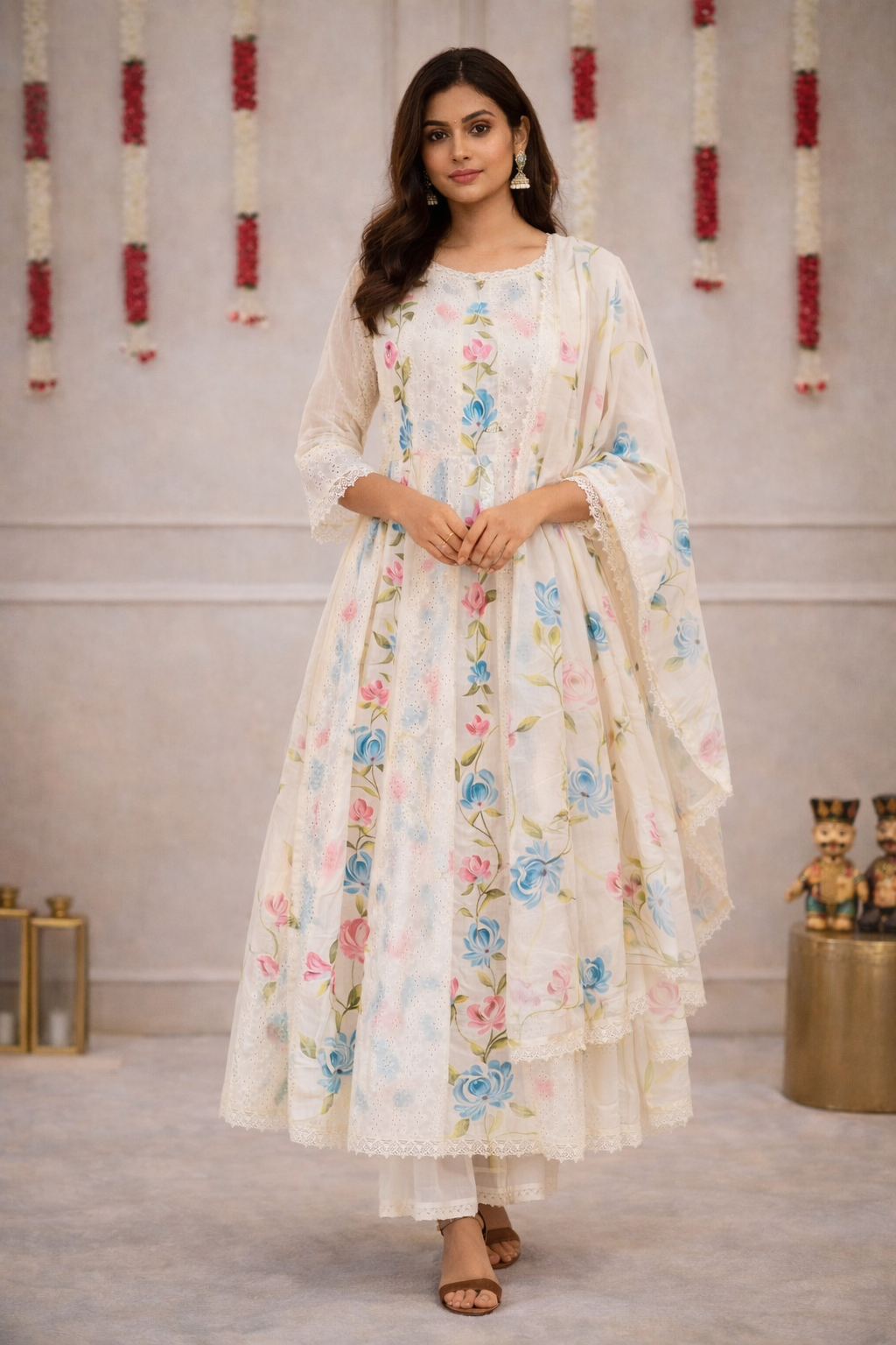 Heavy premium chicken shifli cotton fabric Kurti with hand printed kurti and Pant and mulmul Dupatta -In very fine Quality Cotton