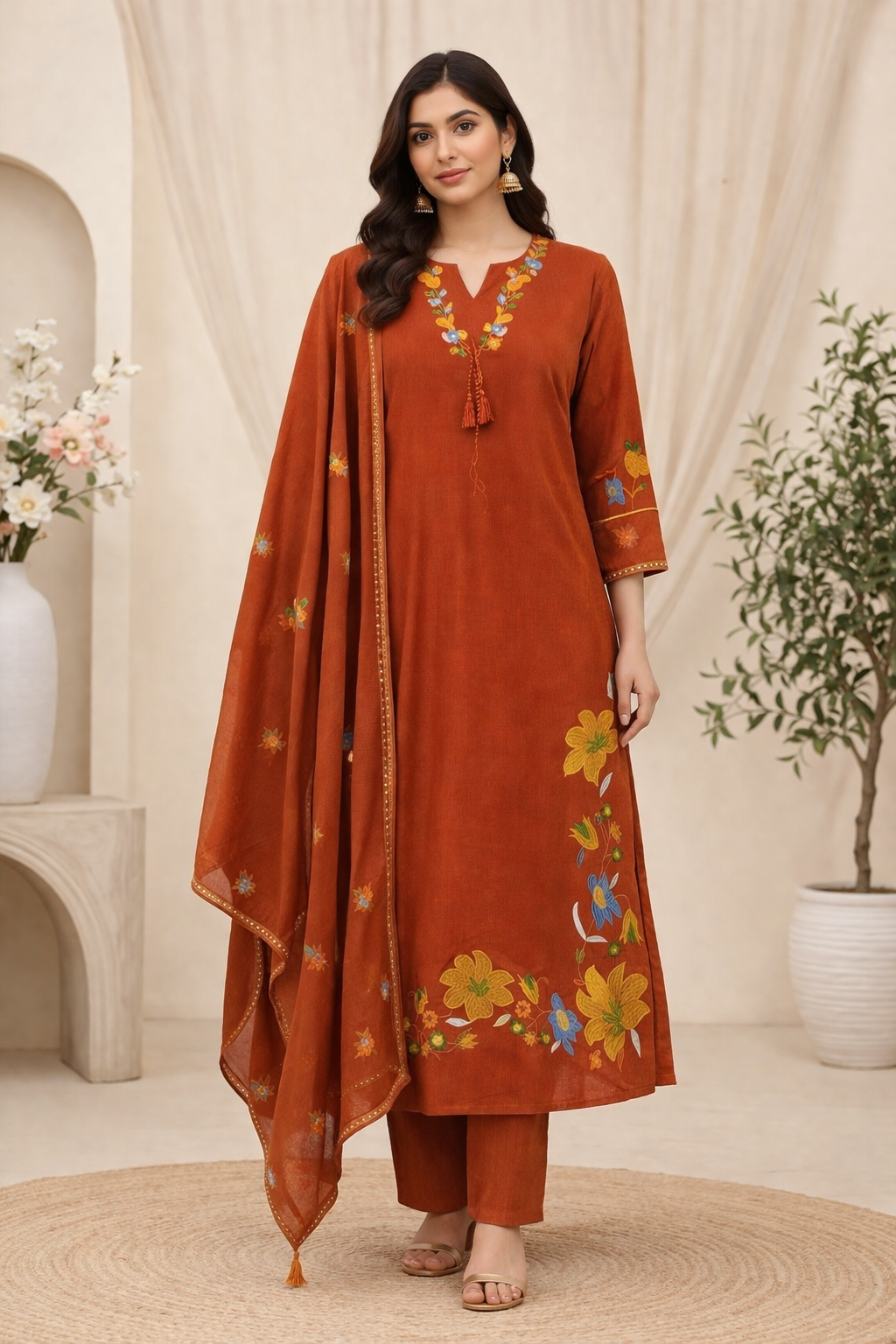 Khadi cotton fabric kurti pant dupatta sets
